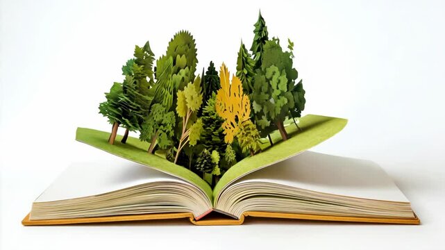 Open pop up book with paper trees