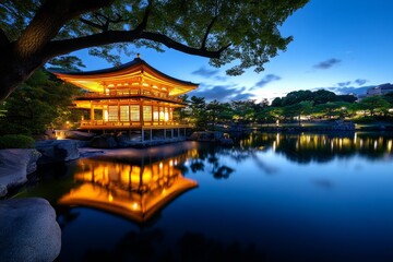 Obraz premium Golden Pavilion illuminated at night casting a serene glow over the water and the nearby trees, creating a mystical atmosphere