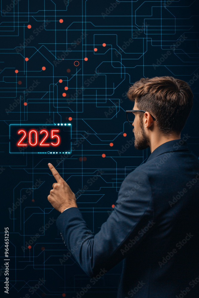 Aufkleber innovative businessman interacting with digital interface displaying year 2025, surrounded by networ