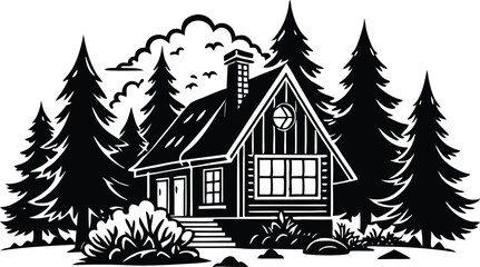 Beautiful attractive and cozy forest house silhouette illustration black and white