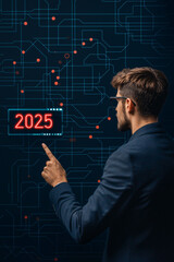 Innovative businessman interacting with digital interface displaying year 2025, surrounded by network of circuits and data points.