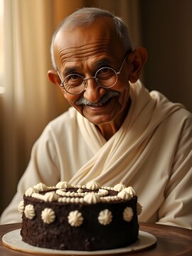 Mahatma Gandhi (Gandhiji) smiling and cuts a birthday cake on his birthday on 2nd October