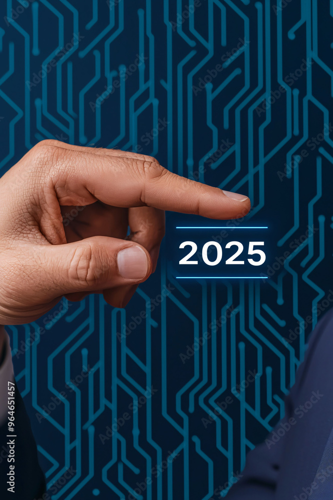 Aufkleber digital hand reaching towards year 2025, symbolizing future technology and innovation. background fe
