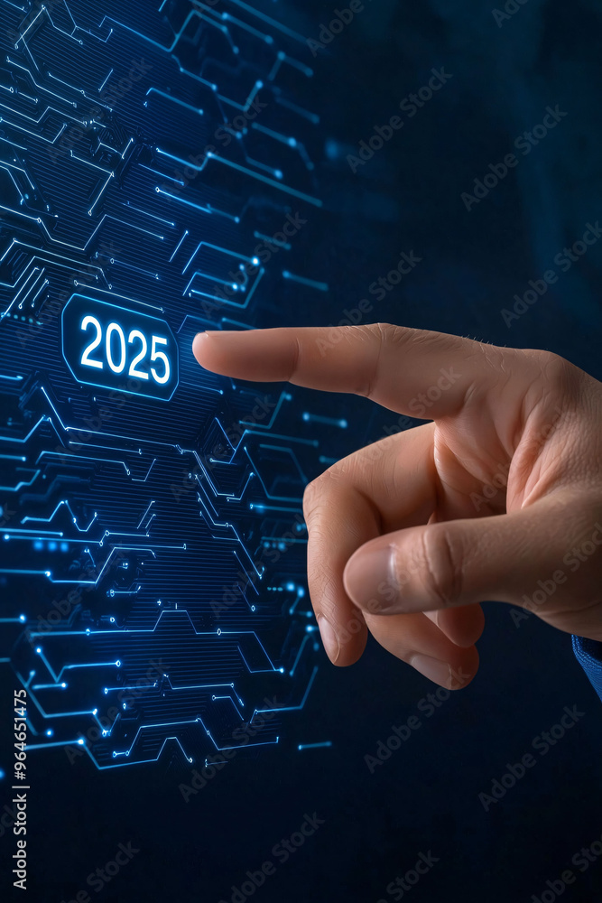 Poster a hand interacting with digital interface displaying year 2025, symbolizing future technology and in