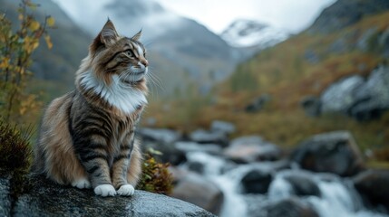 Fototapeta premium A majestic cat sits by a serene stream in a mountainous landscape.