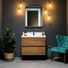 warm lighting, modern bathroom interior, wooden vanity cabinet with mirror, hanging lights, textured accent wall, plant pot, teal armchair 