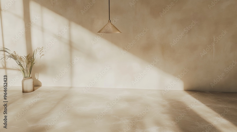 Poster golden hour reflection minimalist cream and gold marble surface with hanging lamp in tranquil study 