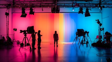 commercial video film movie making lighting set professional studio production big working people silhouette scenes behind television camera motion picture equipment crew photo light