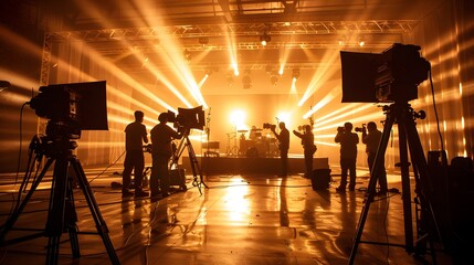 commercial video film movie making lighting set professional studio production big working people silhouette scenes behind television camera motion picture equipment crew photo light