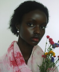 Fototapeta premium Young African Woman Holding Wildflower Bouquet on World Kindness Day, Soft Pastel Scarf, Heart-shaped Earrings, Bright White Background, Highlighting Natural Beauty and Compassion