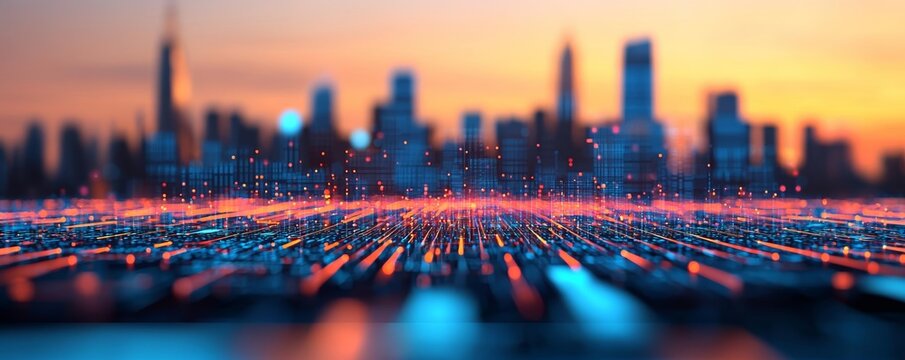 City skyline enhanced by AI-driven algorithms, symbolizing the future of real estate investment, intelligent management in a tech-forward urban setting