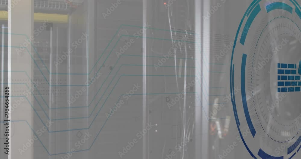 Poster animation of fire wall icon and digital data processing over computer servers