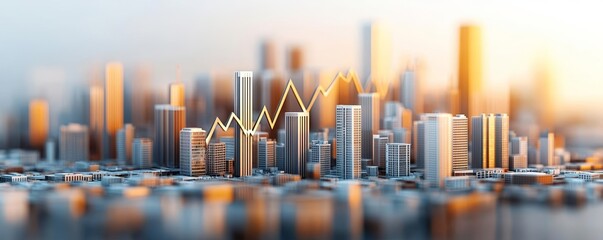 Dynamic cityscape with a prominent upward market trend, reflecting the booming real estate industry, detailed 3D visualization of urban development and finance