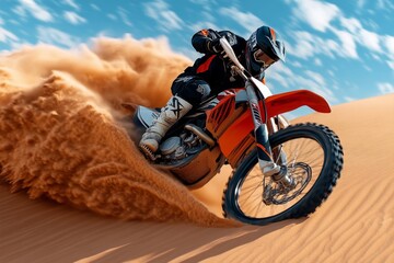 Obraz premium Motorcycle engine revving at a desert rally, kicking up dust as it speeds along sandy dunes
