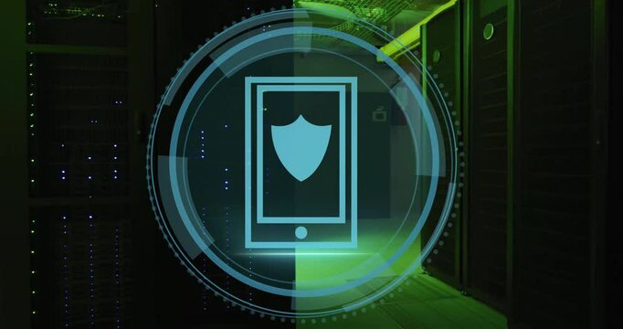 Animation of shield icon and digital data processing over computer servers