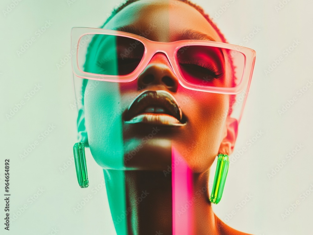 Aufkleber retro-futuristic abstract portrait of a young female model with neon accessories and blurry symmetri