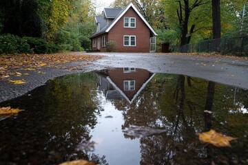 Obraz premium Pond reflecting the spooky house in a way that seems unnatural, with ripples forming even in the absence of wind
