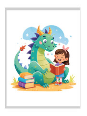 dragon and a little girl reading books together, Kids Book Cover