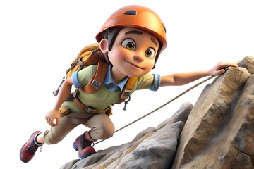Confident cartoon boy climber reaching summit