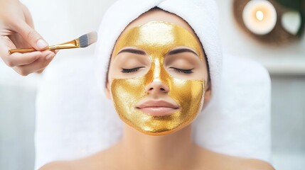 Close-up of a luxurious facial treatment with a gold mask in an upscale spa
