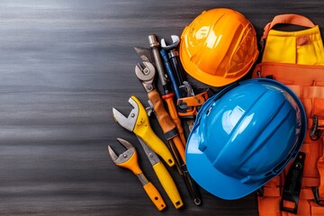 Fototapeta premium Safety helmet hanging next to a set of tools a reminder of the importance of protection on the job site