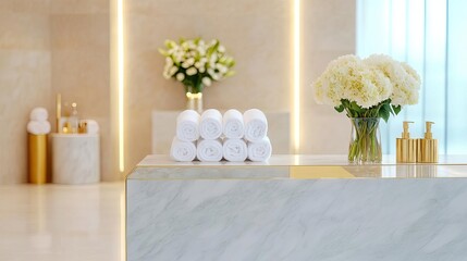 Elegant spa reception with a marble desk, gold accents, and fresh cut flowers, emphasizing luxury