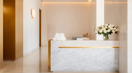 Elegant spa reception with a marble desk, gold accents, and fresh cut flowers, emphasizing luxury