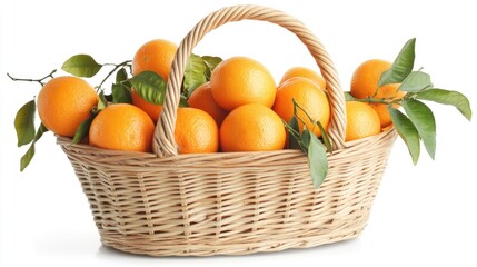 Fresh Oranges in a Wicker Basket with Green Leaves, Juicy Citrus Fruit for Healthy Snacks