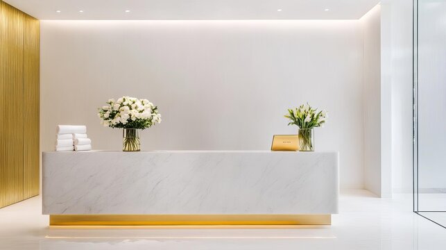 Elegant spa reception with a marble desk, gold accents, and fresh cut flowers, emphasizing luxury