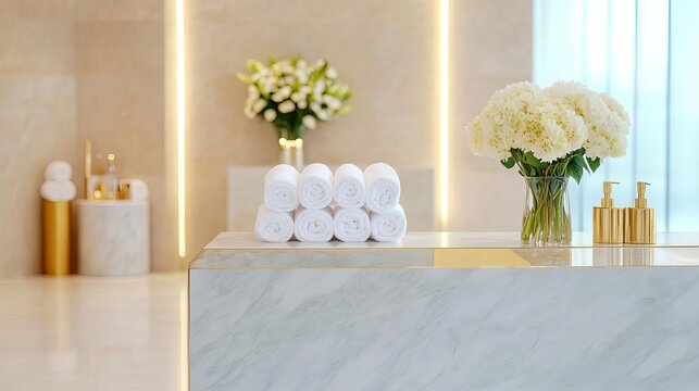 Elegant spa reception with a marble desk, gold accents, and fresh cut flowers, emphasizing luxury