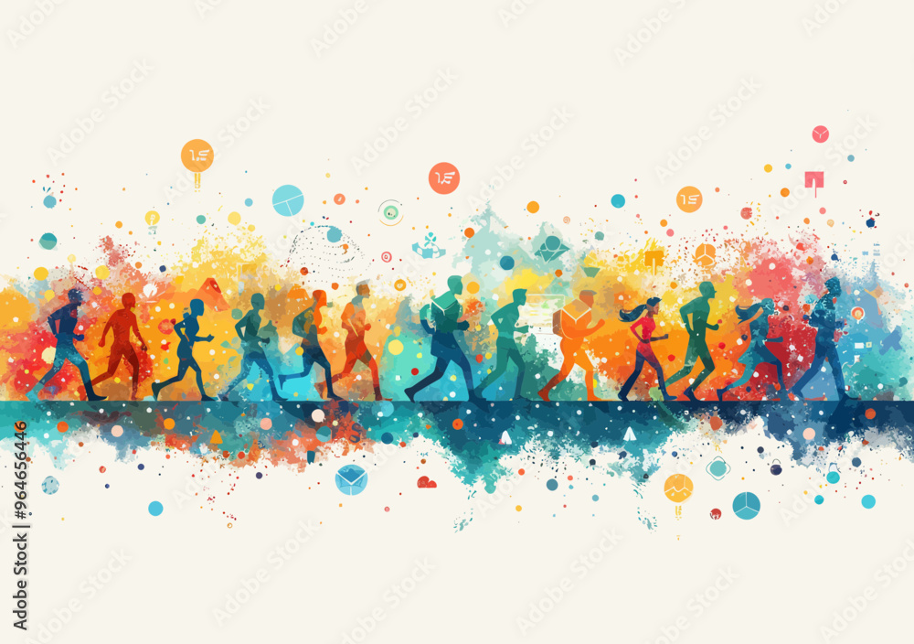 Poster dynamic team running upward through business icons in vibrant splash of colors illustration, vector 