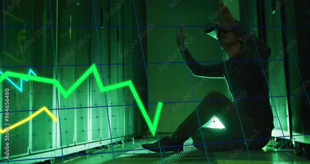 Poster animation of digital data processing over asian businessman using vr headset by computer servers