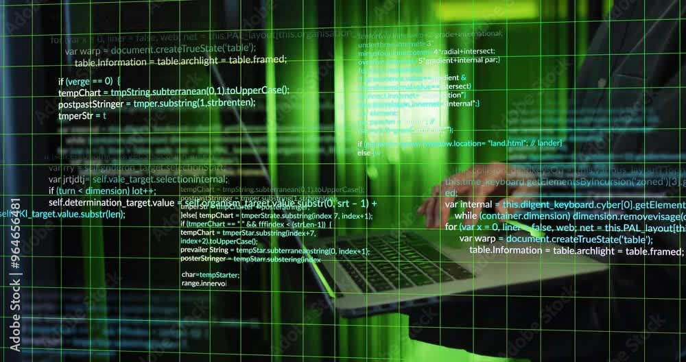 Aufkleber animation of digital data processing over biracial male it engineer and laptop by computer servers
