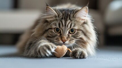 Obraz premium A playful cat focused on a small toy, showcasing curiosity and engagement.