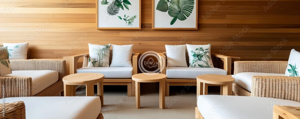 Wall mural elegant tea lounge in a day spa with natural wood decor and botanical prints