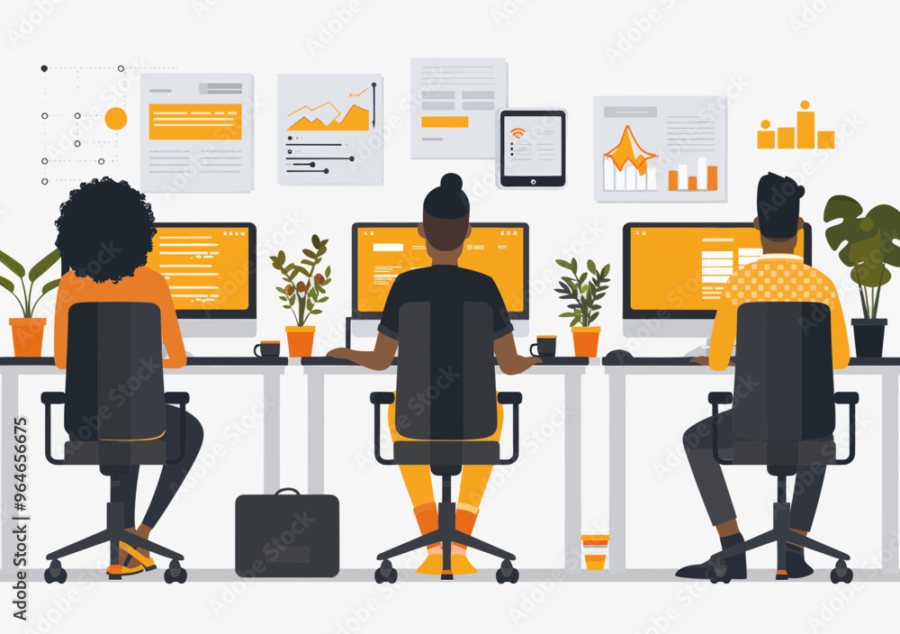 Poster minimalist vector illustration of a web development team working at desks with plants in modern offi