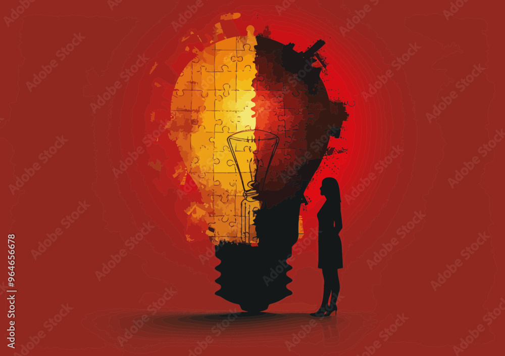 Poster silhouette of woman solving puzzle inside light bulb representing creative problem solving and innov