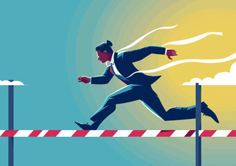 Business Manager Overcoming Obstacles in Hurdle Race Concept, Minimalistic Vector Illustration at Sunset, Depicting Determination, Challenge, and Success in Corporate Environment