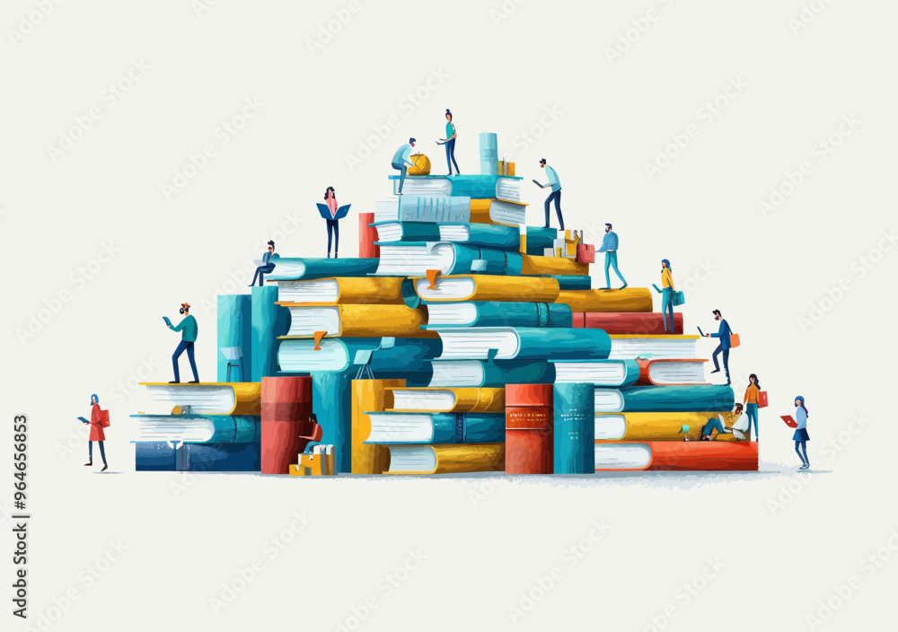 Poster business team collaborating on large stack of books, career and employee development concept, minima