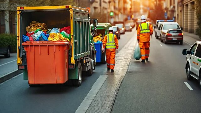 A recycling garbage collector truck from the municipal sanitation disposal agency loads waste into trash bins.