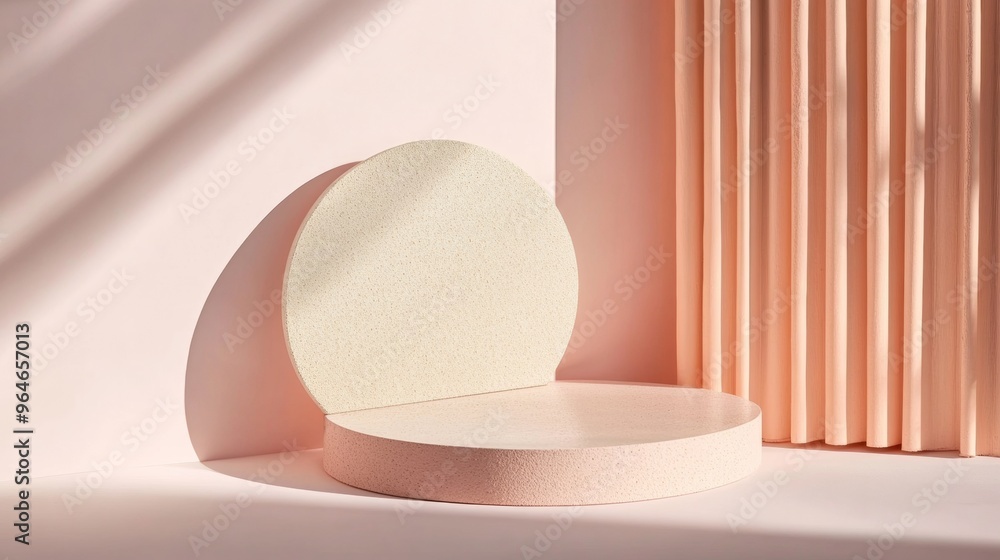 Poster minimalist soft pastel peach circular podium on a pastel pink background with gentle shadows in mode
