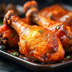 Fried chicken topped with Korean sauce, sprinkled with white sesame seeds and spring onions.