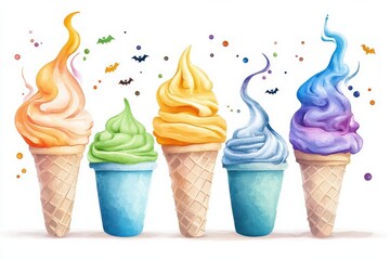 Creepy Halloween ice cream cones, eerie designs and dark flavors, flat design illustration