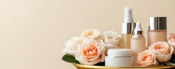 Luxurious skincare products arranged on a gold tray with fresh roses, showcasing premium quality
