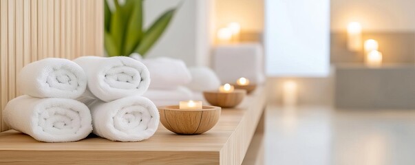 Minimalist spa setting with natural wood elements, soft linens, and tranquil music