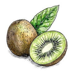 Retro-style drawing of a kiwi fruit and an half. Ink and watercolor art on a transparent background