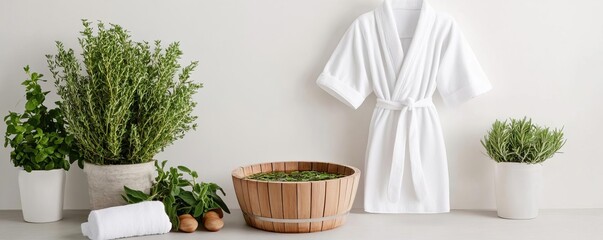 Fototapeta premium Minimalist spa with a wooden foot bath, aromatic herbs, and a soft linen robe