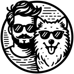 02_Hipster Man and Dog in sunglasses logo | vector logo | human and pets bonding | pet store | pet shop | friendship | ai	