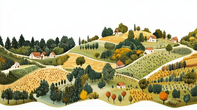 A regional map highlighting agricultural areas, with fields and orchards depicted on a white background.