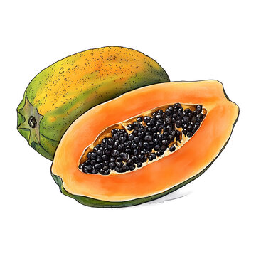 recommend clip art: Vintage ink and watercolor papaya illustration. Tropical fruit art with whole and sliced papaya, isolated on transparent background